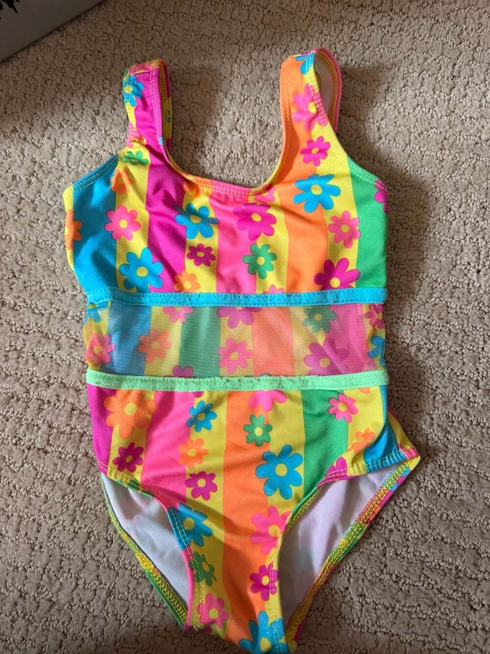 90s Vintage Girls Neon Rainbow Floral Striped One-Piece Swimsuit Size 3T